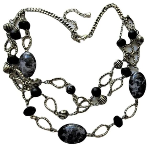 RMN Multi-Strand Necklace Black Gray Acrylic Beads Silver Tone 19-22" - Picture 3 of 4